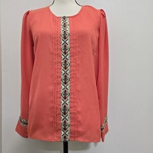 anthropologie NEEDLE & THREAD size Medium Boho Embroidered Blouse Peach Orange